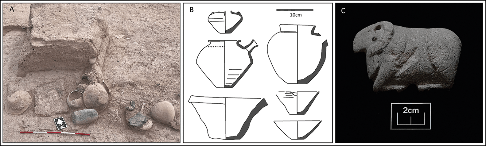 Возможные ритуальные сосуды (A и B) и статуэтка лежащего барана (C).