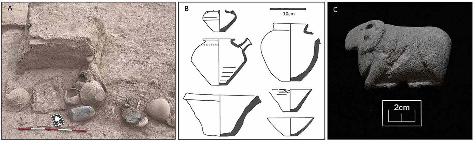 Возможные ритуальные сосуды (A и B) и статуэтка лежащего барана (C).